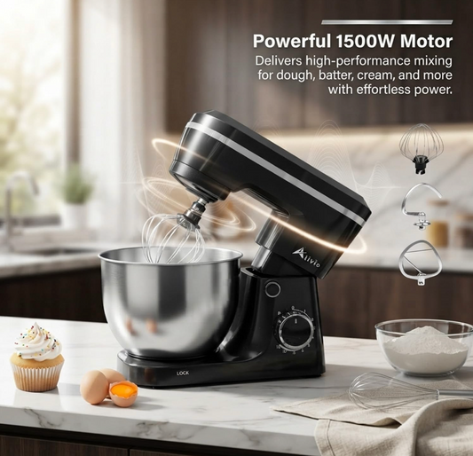Alivio 5L Stand Mixer 1500W – Heavy Duty Kitchen Mixer with 10+P Speed Control, Dough Hook, Flat Beater & Whisk – Stainless Steel Bowl (Black)