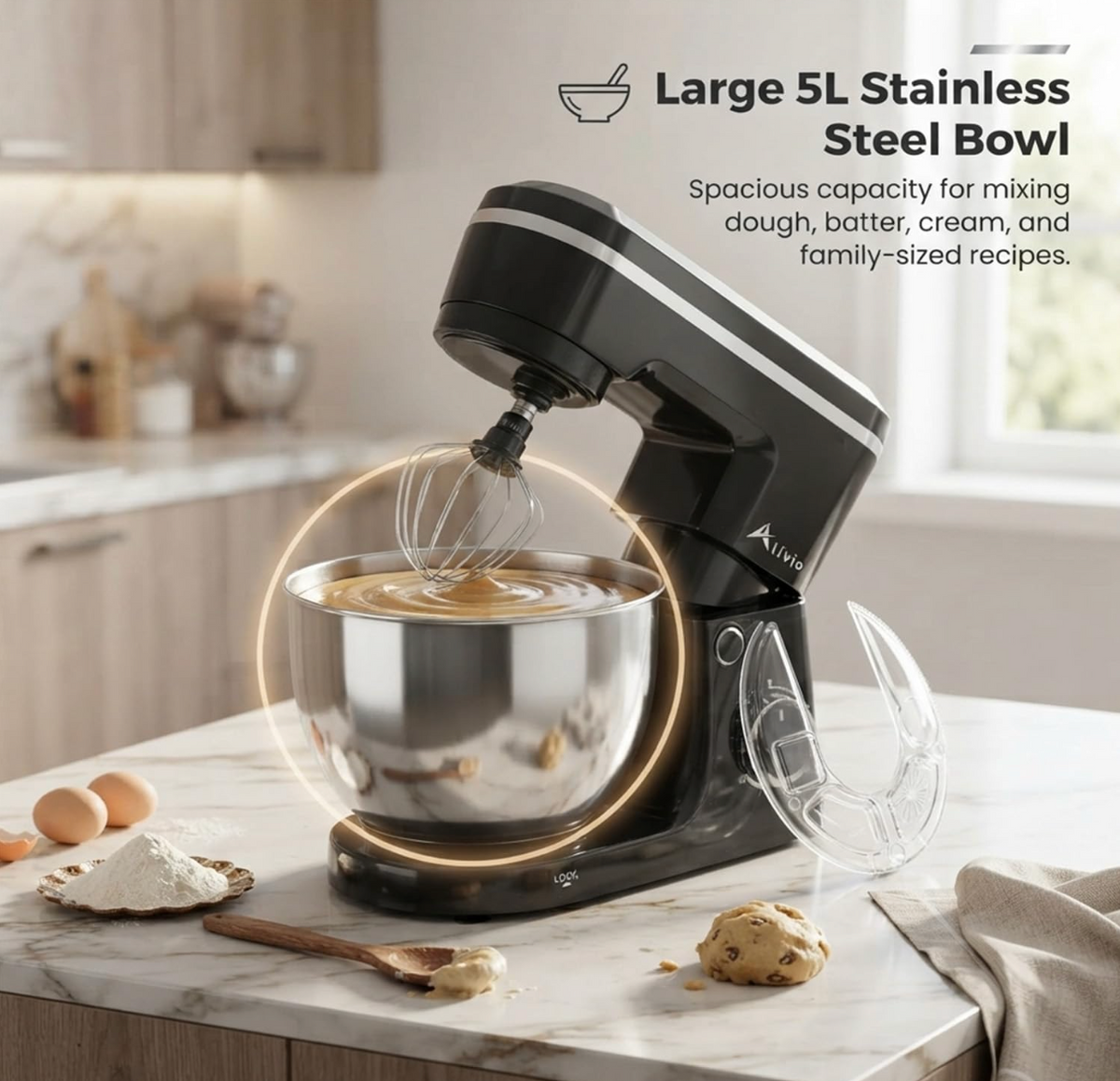 Alivio 5L Stand Mixer 1500W – Heavy Duty Kitchen Mixer with 10+P Speed Control, Dough Hook, Flat Beater & Whisk – Stainless Steel Bowl (Black)