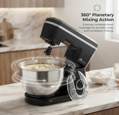 Alivio 5L Stand Mixer 1500W – Heavy Duty Kitchen Mixer with 10+P Speed Control, Dough Hook, Flat Beater & Whisk – Stainless Steel Bowl (Black)