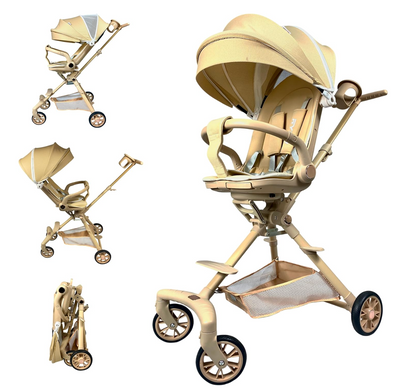 Lightweight Folding Baby Stroller with 360° Rotating Seat – Parent & World Facing Pushchair with Reclining Backrest, UV Sun Canopy & Storage Basket – Beige | Black