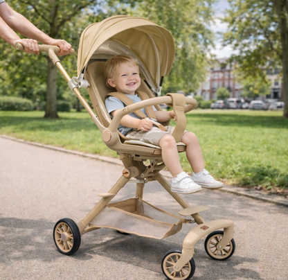 Lightweight Folding Baby Stroller with 360° Rotating Seat – Parent & World Facing Pushchair with Reclining Backrest, UV Sun Canopy & Storage Basket – Beige | Black