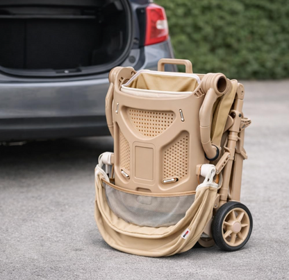 Lightweight Folding Baby Stroller with 360° Rotating Seat – Parent & World Facing Pushchair with Reclining Backrest, UV Sun Canopy & Storage Basket – Beige | Black