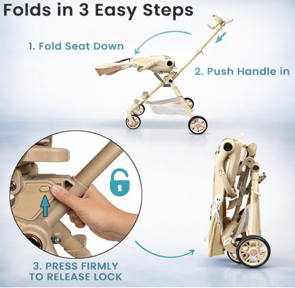 Lightweight Folding Baby Stroller with 360° Rotating Seat – Parent & World Facing Pushchair with Reclining Backrest, UV Sun Canopy & Storage Basket – Beige | Black