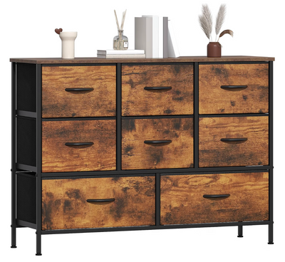 Industrial 8-Drawer Fabric Storage Chest – Rustic Brown Wood Effect & Black Metal Frame, 2 Large & 6 Medium Drawers