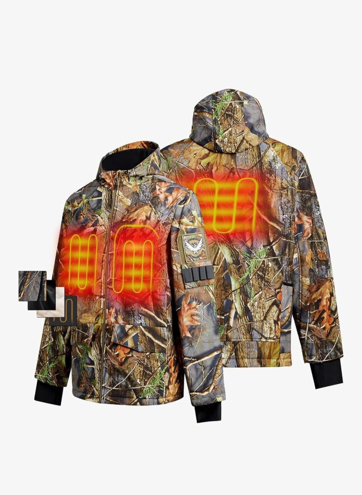 CONQUECO Men's Camo Heated Jacket Waterproof Hunting Hoodie Jacket with Battery Pack