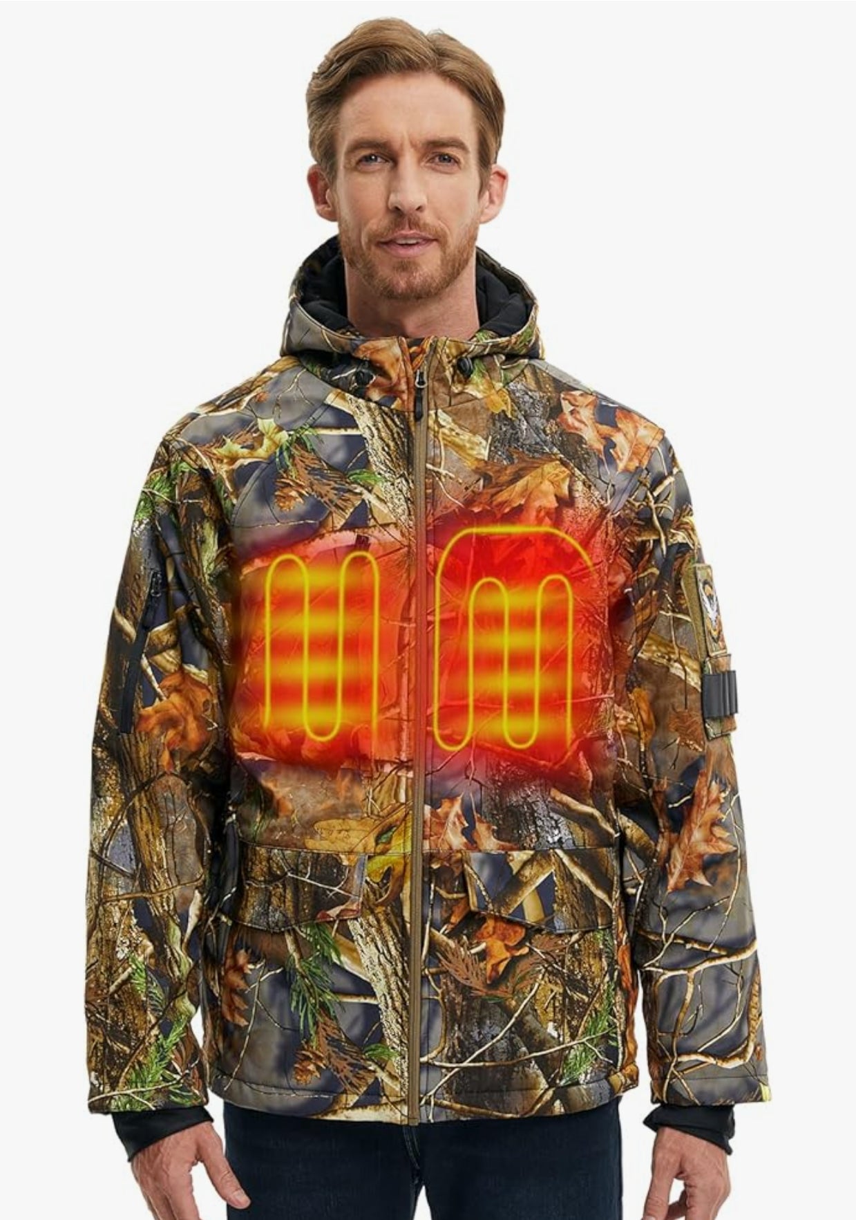 CONQUECO Men's Camo Heated Jacket Waterproof Hunting Hoodie Jacket with Battery Pack