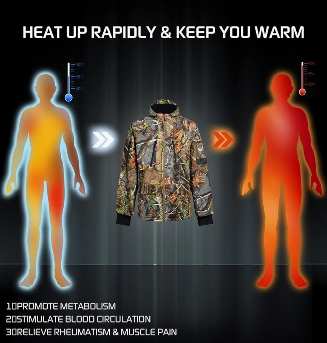 CONQUECO Men's Camo Heated Jacket Waterproof Hunting Hoodie Jacket with Battery Pack