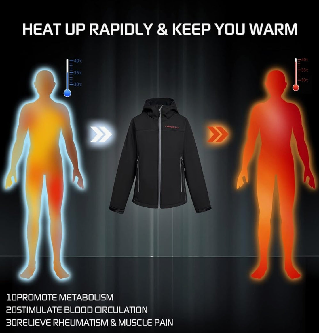 CONQUECO Heated Jacket Electric Hoodie Jacket With Battery Pack