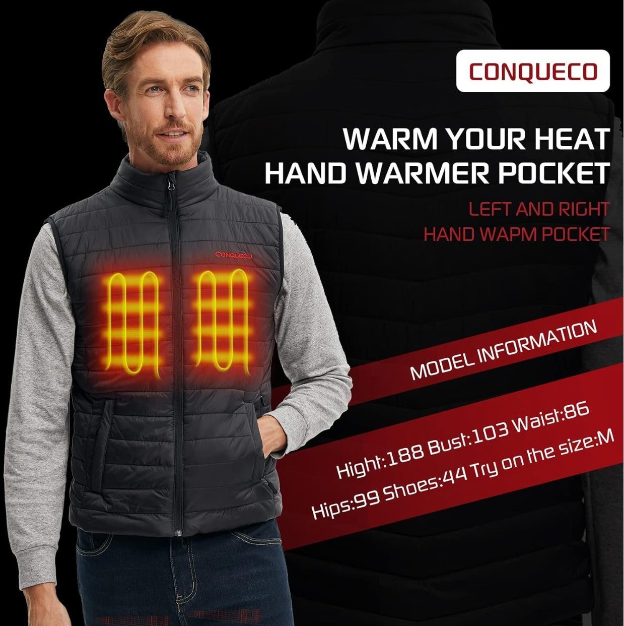 CONQUECO Men's Heated Vest Jacket: Slim Fit Electric Heating Gilet with Battery Pack in Winter Warm for Outdoor Camping Hiking Hunting