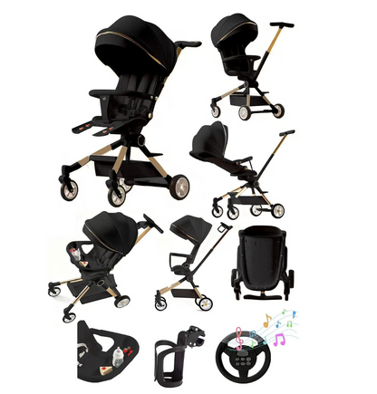Lightweight Folding Baby Stroller with 360° Rotating Seat – Parent & World Facing Pushchair with Reclining Backrest, UV Sun Canopy & Storage Basket – Beige | Black
