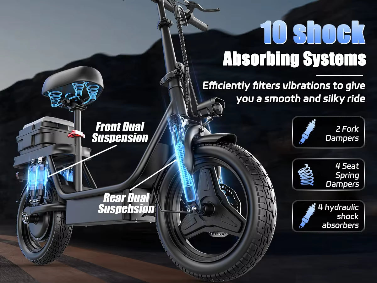 GQ8 Folding Electric Bike Scooter – 48V 15Ah 250W Motor, 14" Fat Tyres, Dual Suspension