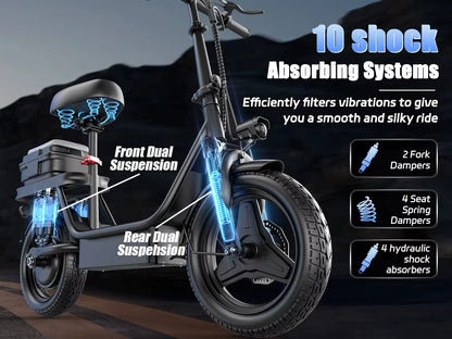 GQ8 Folding Electric Bike Scooter – 48V 15Ah 250W Motor, 14" Fat Tyres, Dual Suspension