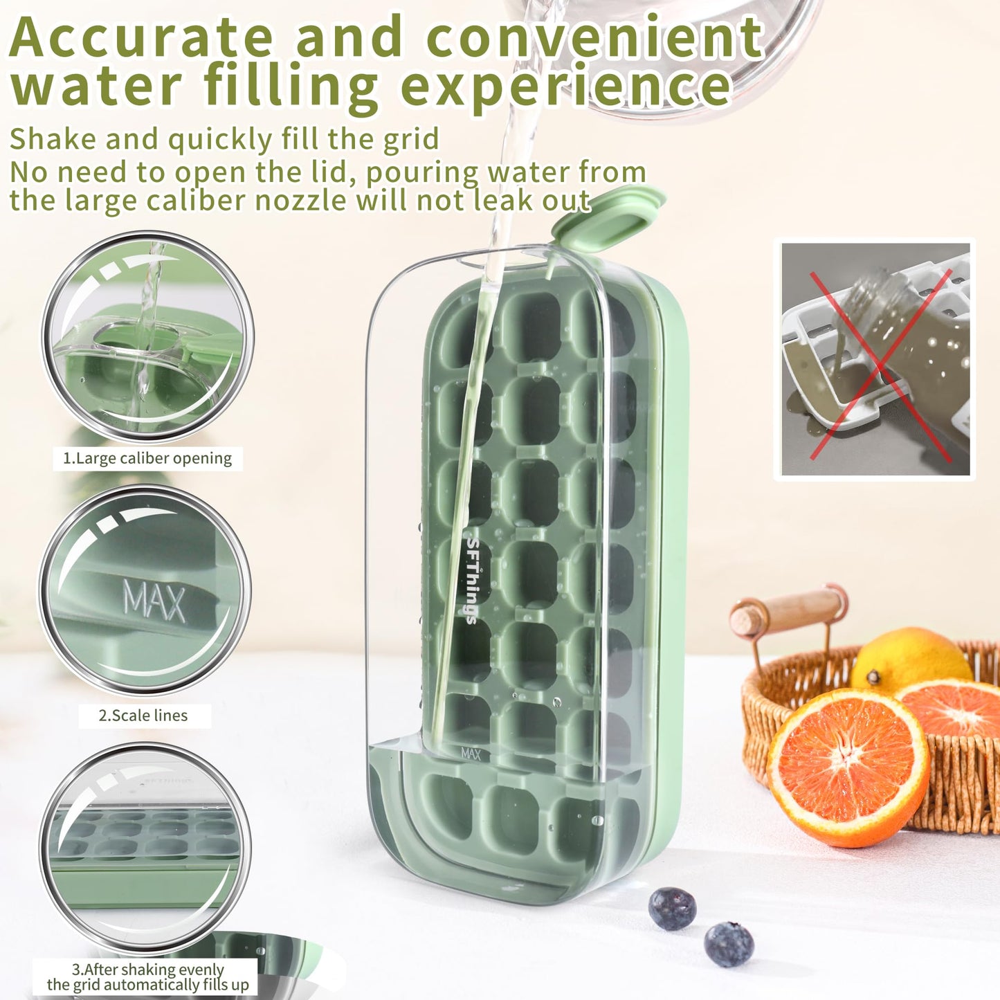 1-Piece Ice Cube Tray Set with Lid & Bin, Easy Release Silicone Mould for Whiskey & Drinks (m-Green)
