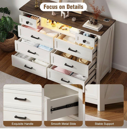 White 5 Drawer Chest of Drawers with LED Mirror, Charging Station & Sensor Light | BROTTAR Bedroom Dresser