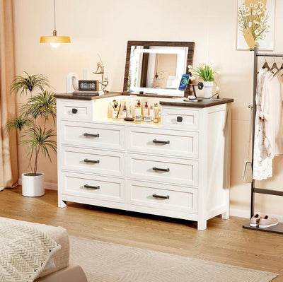 White 5 Drawer Chest of Drawers with LED Mirror, Charging Station & Sensor Light | BROTTAR Bedroom Dresser