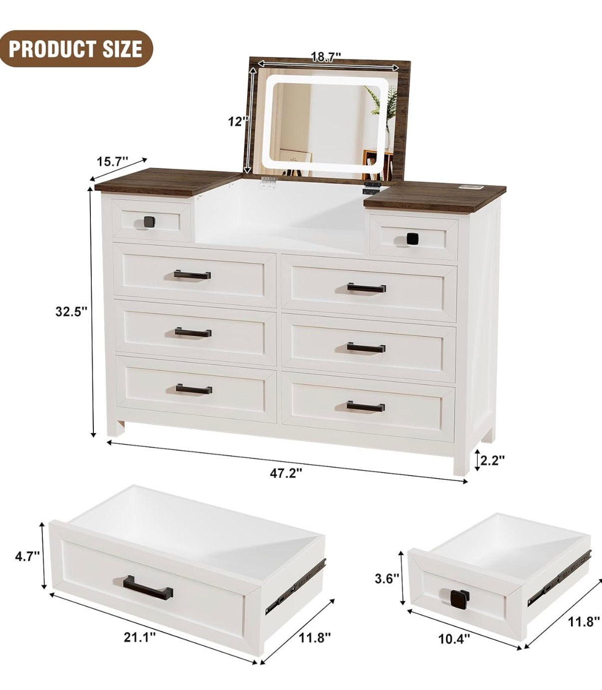 White 5 Drawer Chest of Drawers with LED Mirror, Charging Station & Sensor Light | BROTTAR Bedroom Dresser