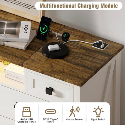 White 5 Drawer Chest of Drawers with LED Mirror, Charging Station & Sensor Light | BROTTAR Bedroom Dresser