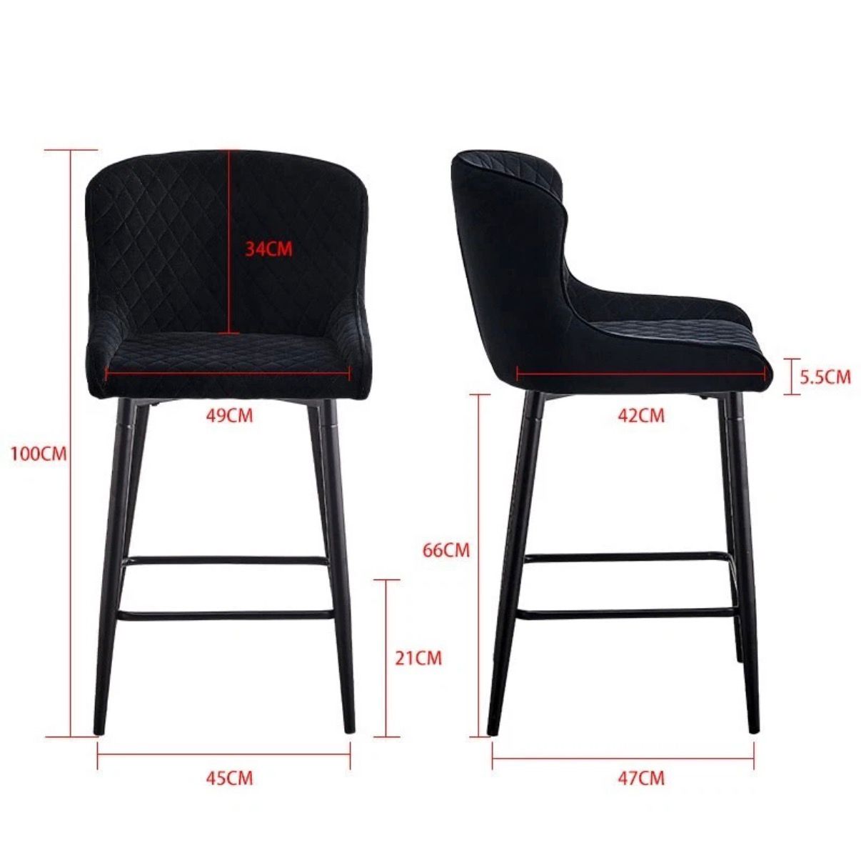 Set of 2 Modern Velvet Bar Stools with Metal Legs – Black