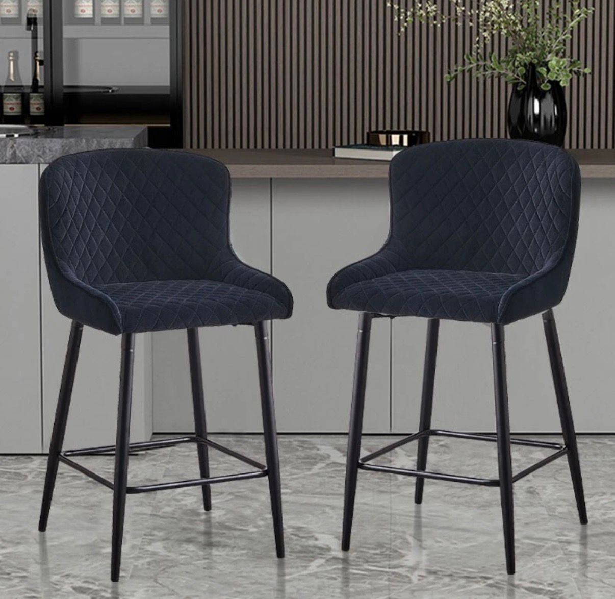 Set of 2 Modern Velvet Bar Stools with Metal Legs – Black