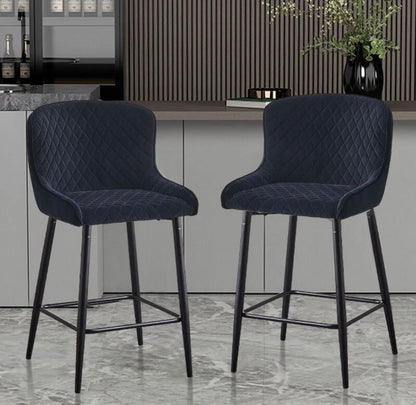 Set of 2 Modern Velvet Bar Stools with Metal Legs – Black