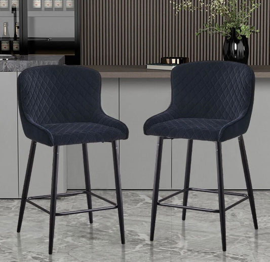 Set of 2 Modern Velvet Bar Stools with Metal Legs – Black