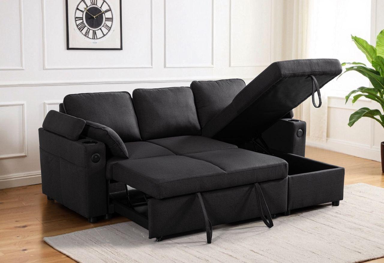 Grey Fabric Sofa Bed with Storage & USB Charging | Francesca | Cupholders & Magazine Pocket
