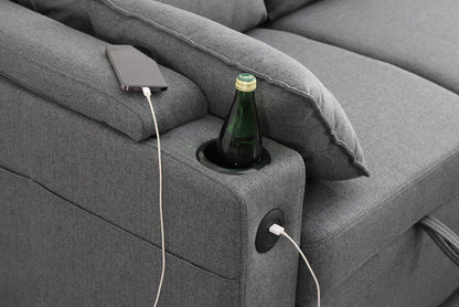 Grey Fabric Sofa Bed with Storage & USB Charging | Francesca | Cupholders & Magazine Pocket
