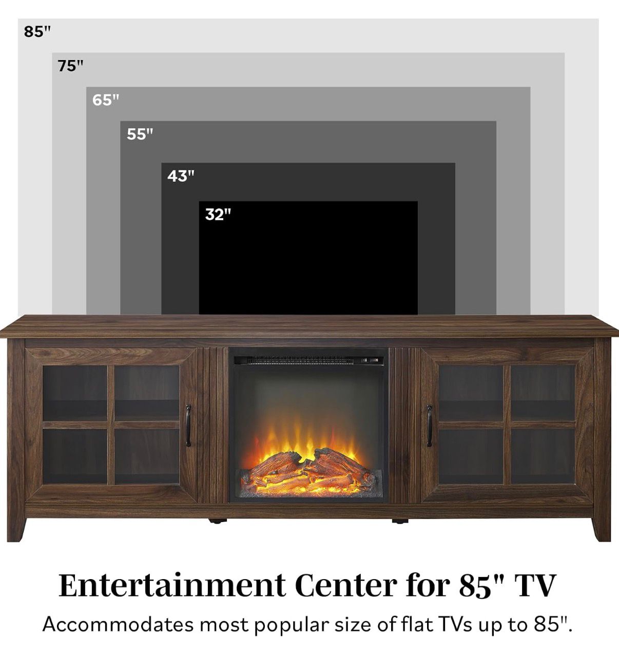 Large 70 Inch TV Stand with Electric Fireplace | Dark Walnut | Farmhouse Glass Door Cabinet