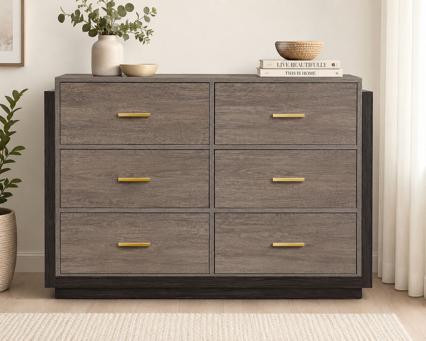 6 Drawer Chest of Drawers | Gold Bar Handles | Wide Bedroom Dresser & Storage Unit