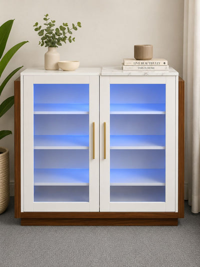 LED Display Cabinet with Glass Doors | White & Walnut | Gold Handles | Sideboard Storage Unit