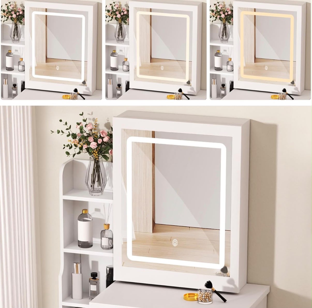 Modern LED Dressing Table with Mirror & Stool — Adjustable Lighting, 4 Drawers & 6 Shelves