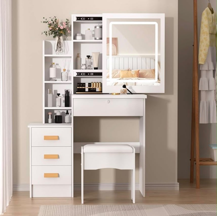 Modern LED Dressing Table with Mirror & Stool — Adjustable Lighting, 4 Drawers & 6 Shelves