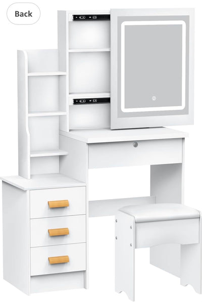 Modern LED Dressing Table with Mirror & Stool — Adjustable Lighting, 4 Drawers & 6 Shelves