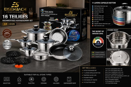 16 Piece Stainless Steel Cookware Set Pots and Pans Set with Lids Gas Electric Induction Hob Compatible