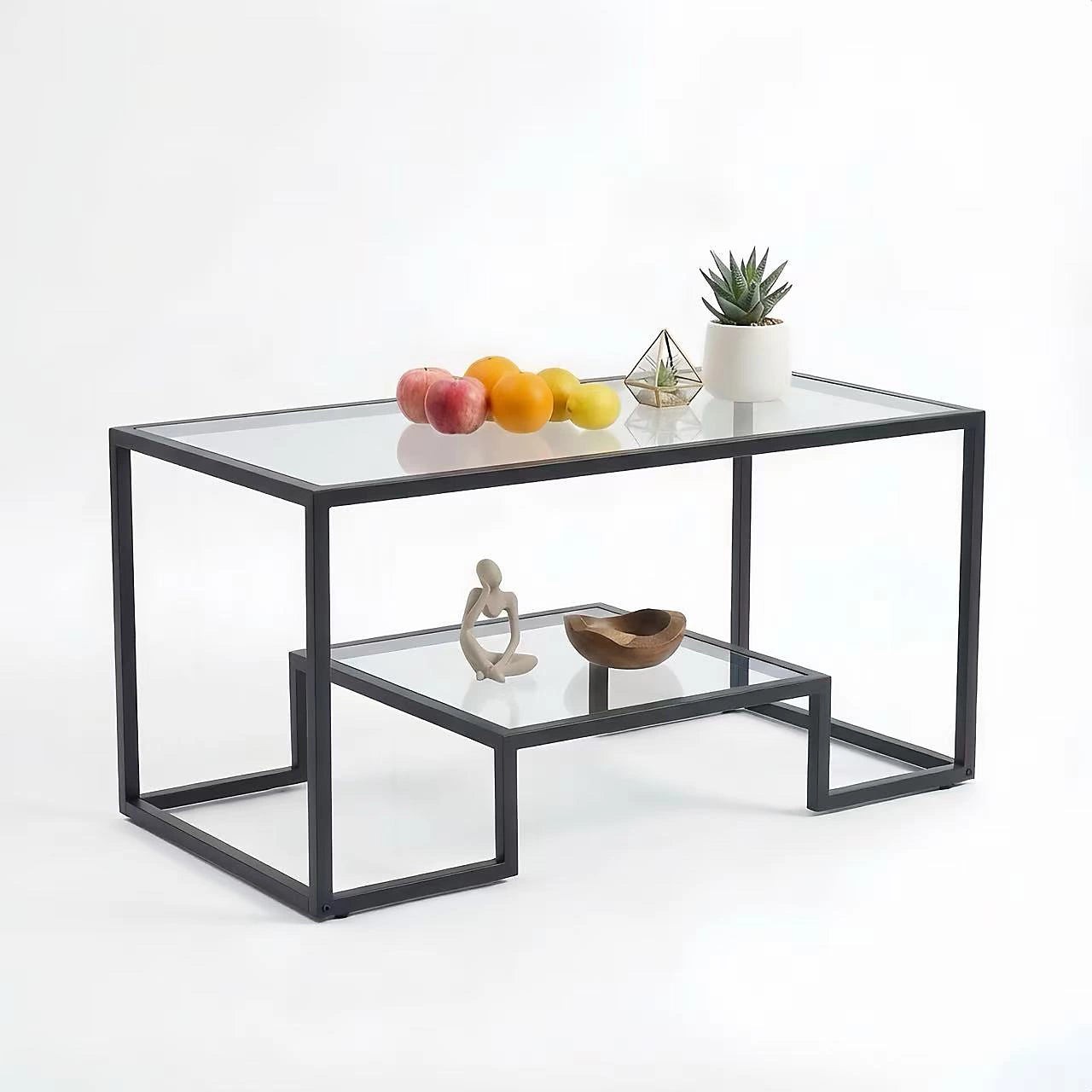 Alivio 2-Tier Storage Coffee Table with Metal Frame Design for Home & Office (Glass)