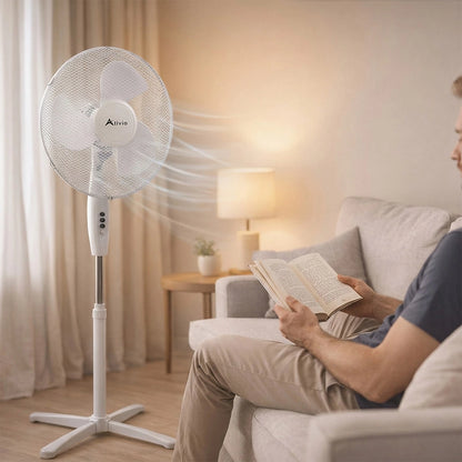Alivio 45W Pedestal Fan, 3-Speed Oscillating Floor Fan with 3 Blades and Adjustable Height for Home & Office (White)