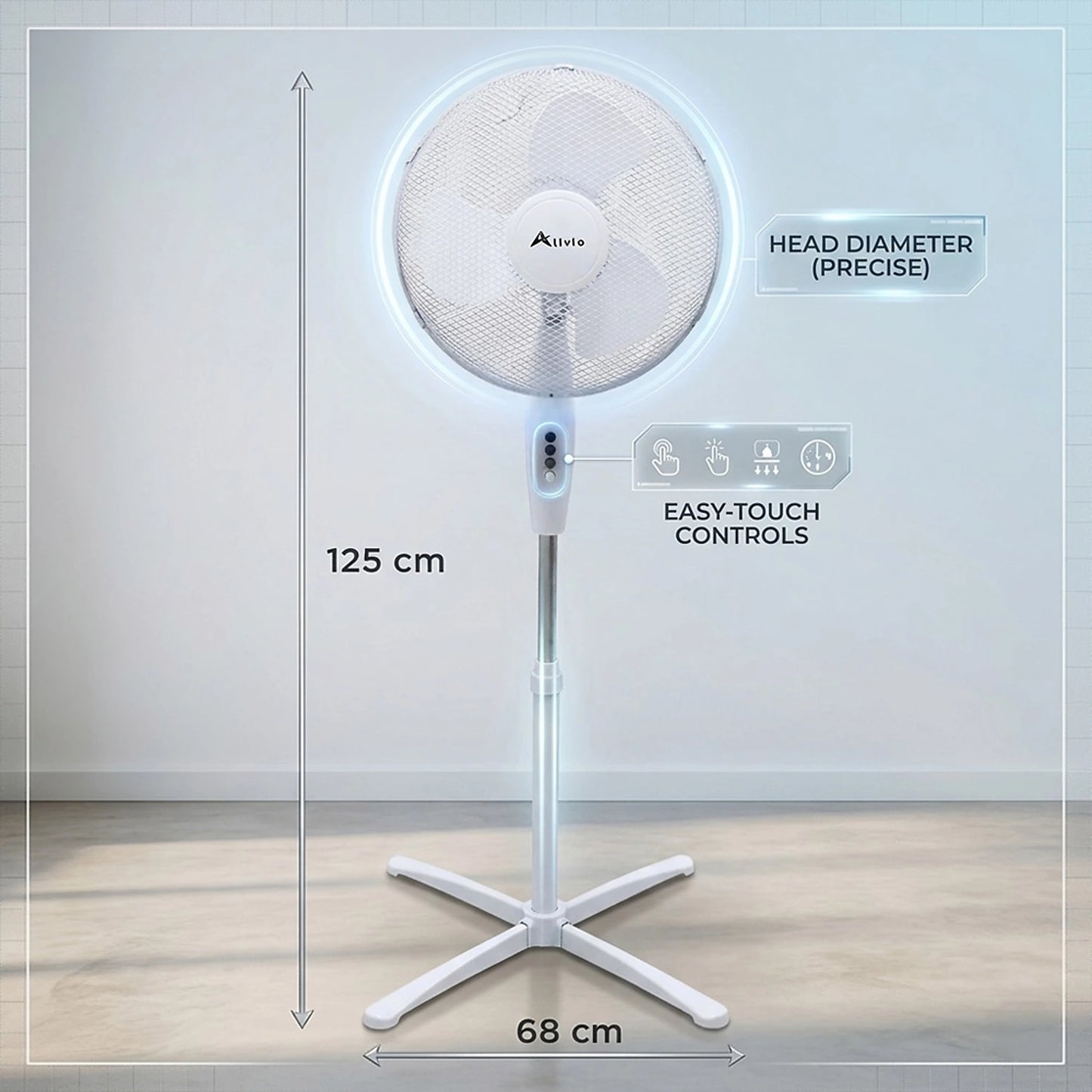 Alivio 45W Pedestal Fan, 3-Speed Oscillating Floor Fan with 3 Blades and Adjustable Height for Home & Office (White)