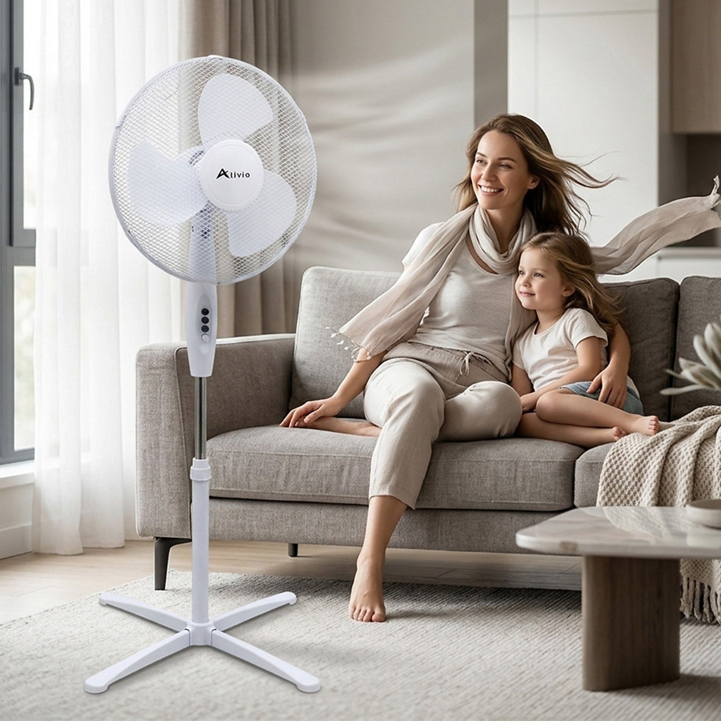 Alivio 45W Pedestal Fan, 3-Speed Oscillating Floor Fan with 3 Blades and Adjustable Height for Home & Office (White)