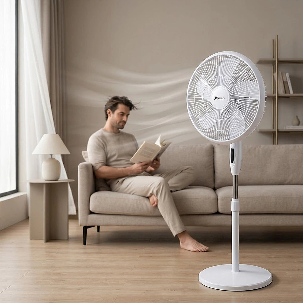 Alivio 45W Pedestal Fan, 3-Speed Oscillating Floor Fan with 3 Blades and Adjustable Height for Home & Office (White)