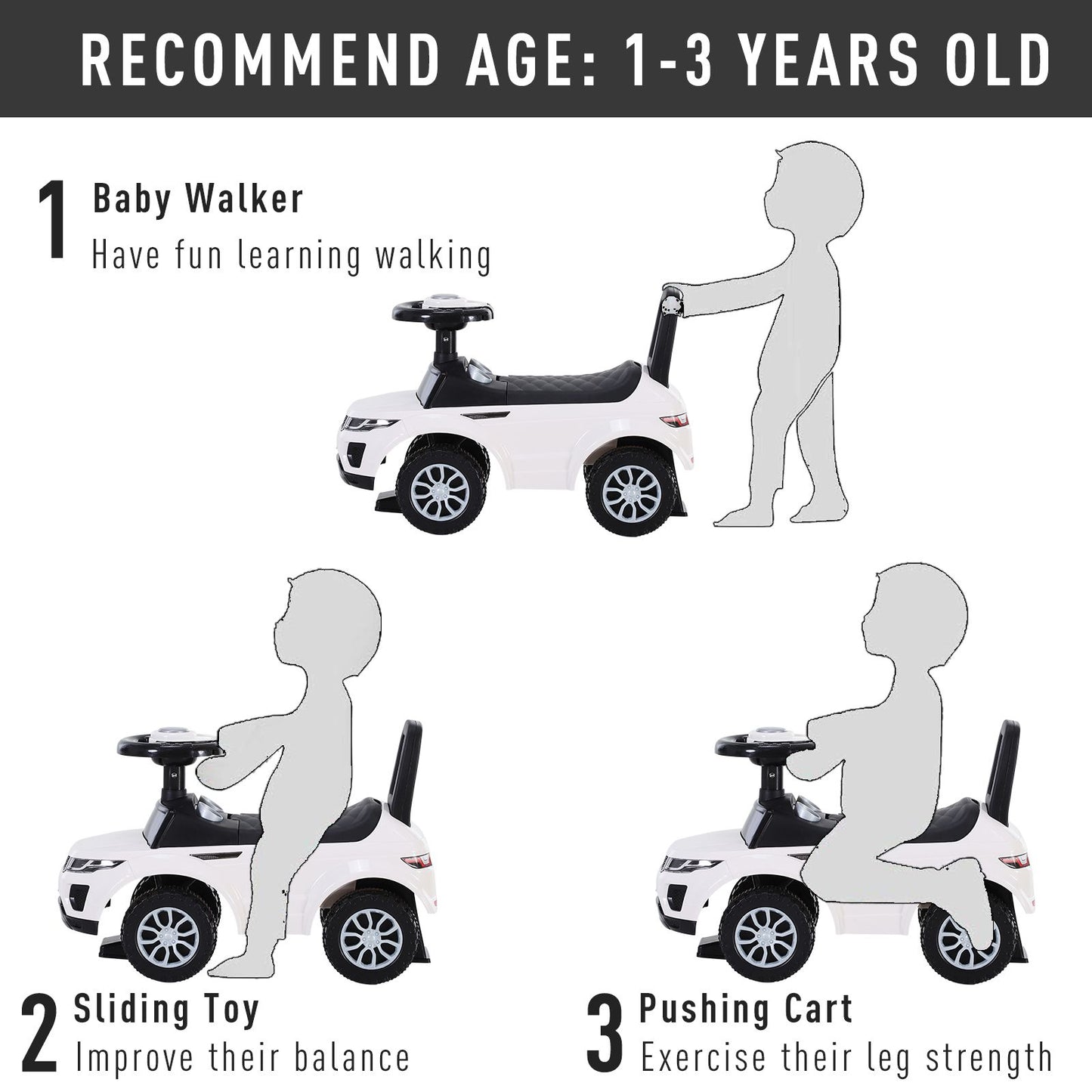 3-in-1 Ride-On Car with Horn, Wheel & Under-Seat Storage