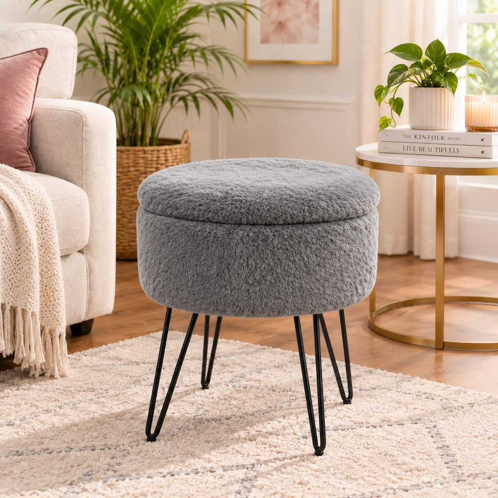 Gaveno Cavailia IKAT Fur Storage Hairpin Stool 37 × 37 × 45cm – Fluffy Dressing Table Stool with Hidden Storage & Metal Hairpin Legs – White | Grey | Charcoal | Natural