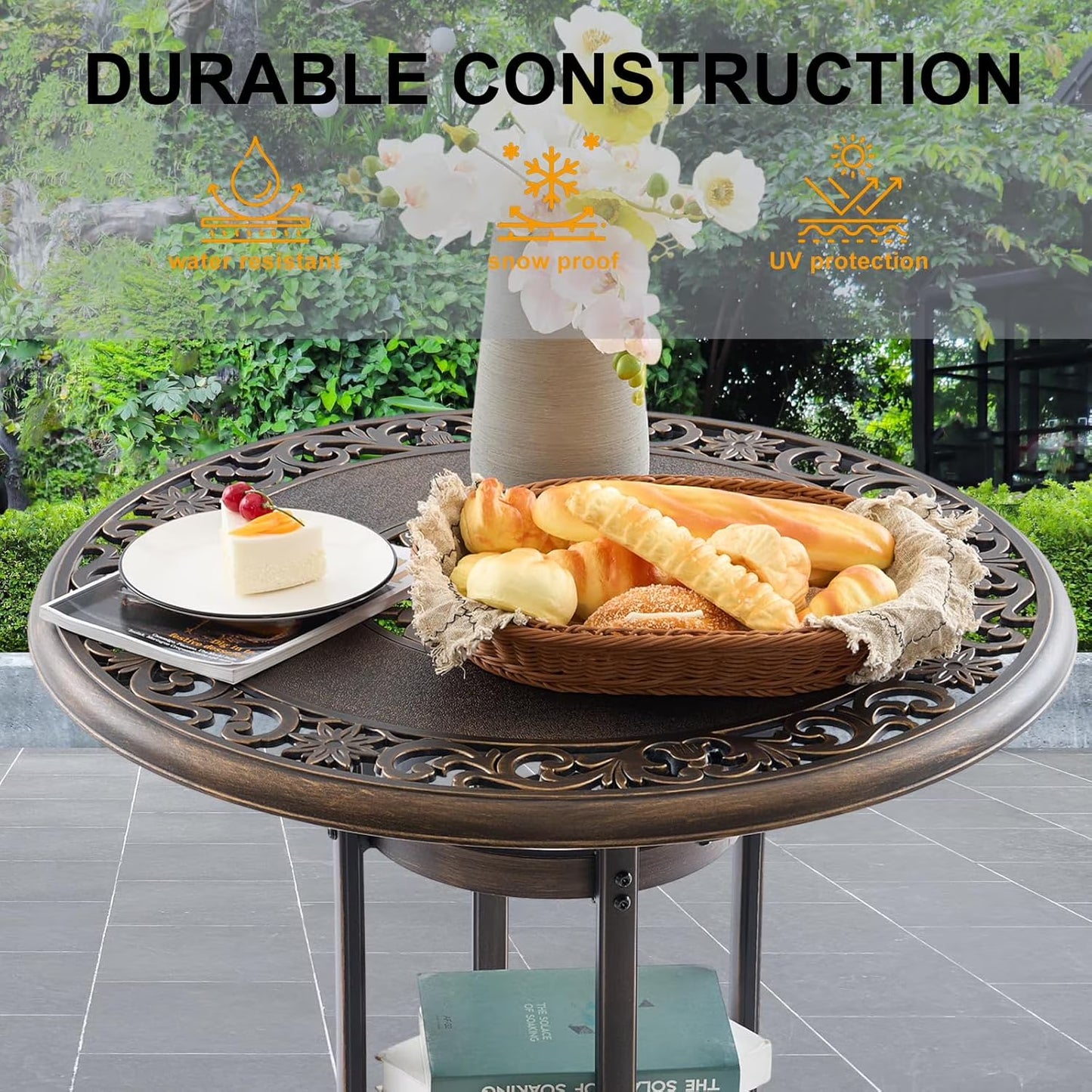 Outdoor Bar Height Table & Swivel Stool Set — 31.5" Round Cast Aluminum Patio Pub Table with Umbrella Hole + 2 High Top Bar Chairs with 360° Swivel & Removable Cushions (Bronze)
