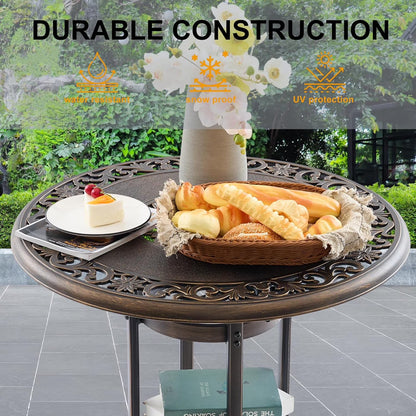 Outdoor Bar Height Table & Swivel Stool Set — 31.5" Round Cast Aluminum Patio Pub Table with Umbrella Hole + 2 High Top Bar Chairs with 360° Swivel & Removable Cushions (Bronze)