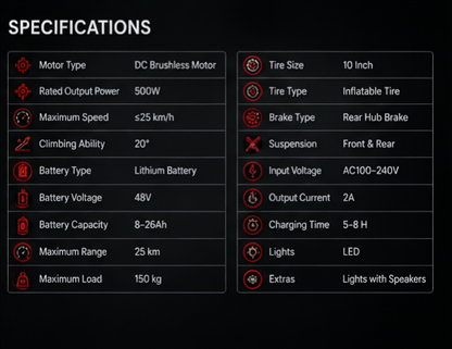 Scootflow Electric Scooter 500W 48V Adult E-Scooter 25km Range 25km/h LED Lights Front Rear Suspension 150kg Max Load Foldable