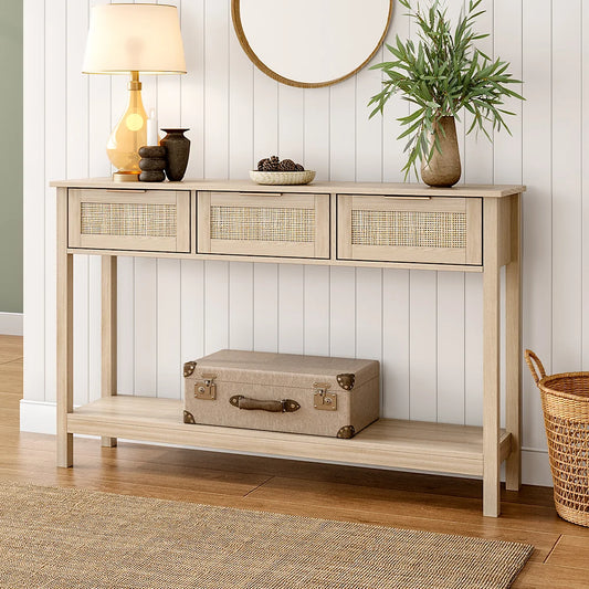 Living and Home 3 Drawer Rattan Rustic Wood Console Table – Brown