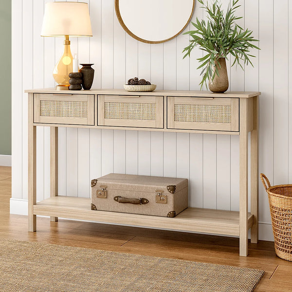 Living and Home 3 Drawer Rattan Rustic Wood Console Table – Brown
