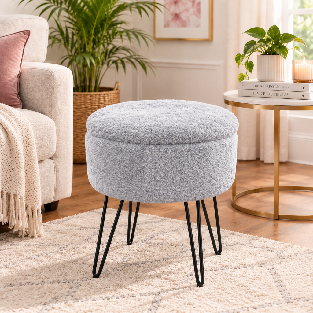 Gaveno Cavailia IKAT Fur Storage Hairpin Stool 37 × 37 × 45cm – Fluffy Dressing Table Stool with Hidden Storage & Metal Hairpin Legs – White | Grey | Charcoal | Natural