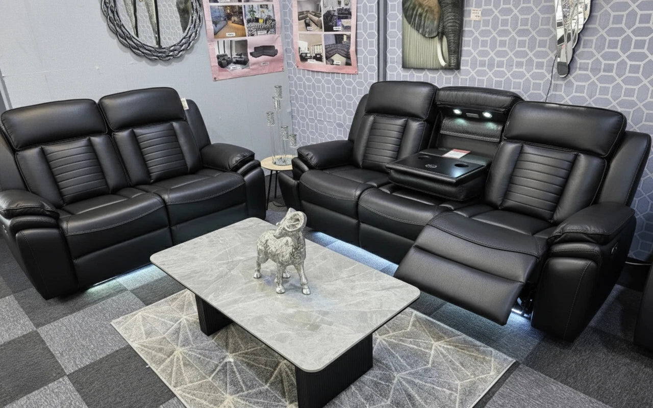 Sevilla Electric Recliner Leather Sofa 3+2 Seater-Cup-holders/Leds/Wireless/USB