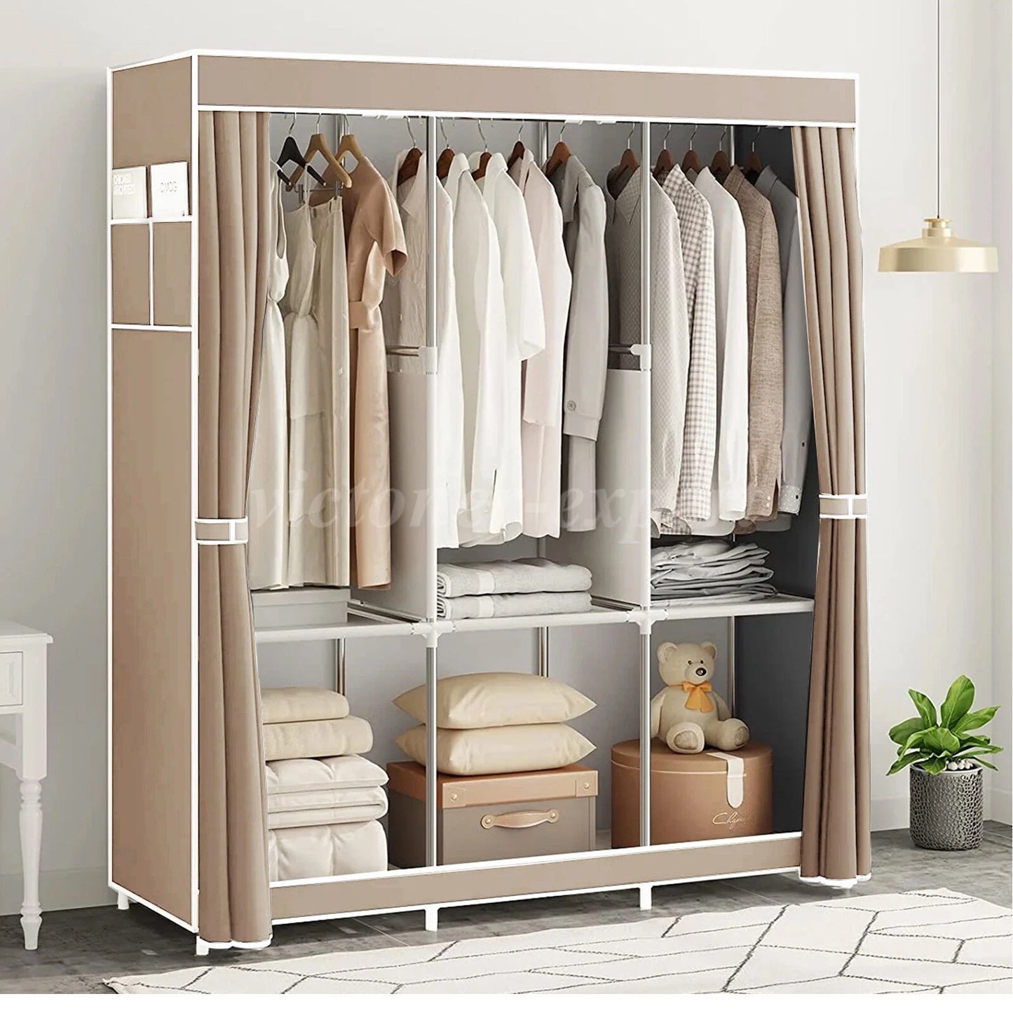 Large Fabric Canvas Wardrobe with Clothes Hanging Rail Shelving Storage Closet