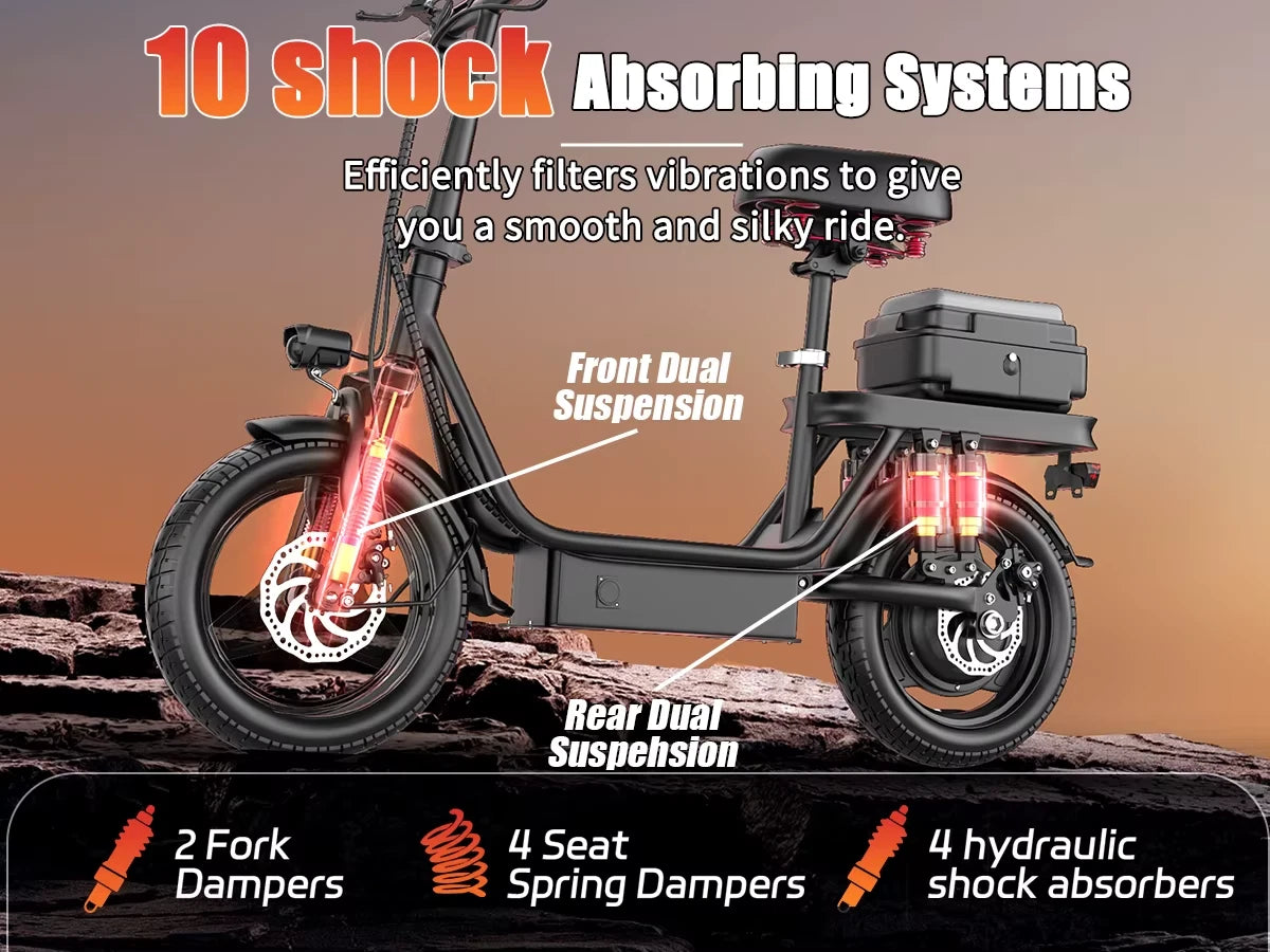 GQ8 Folding Electric Bike Scooter – 48V 15Ah 250W Motor, 14" Fat Tyres, Dual Suspension